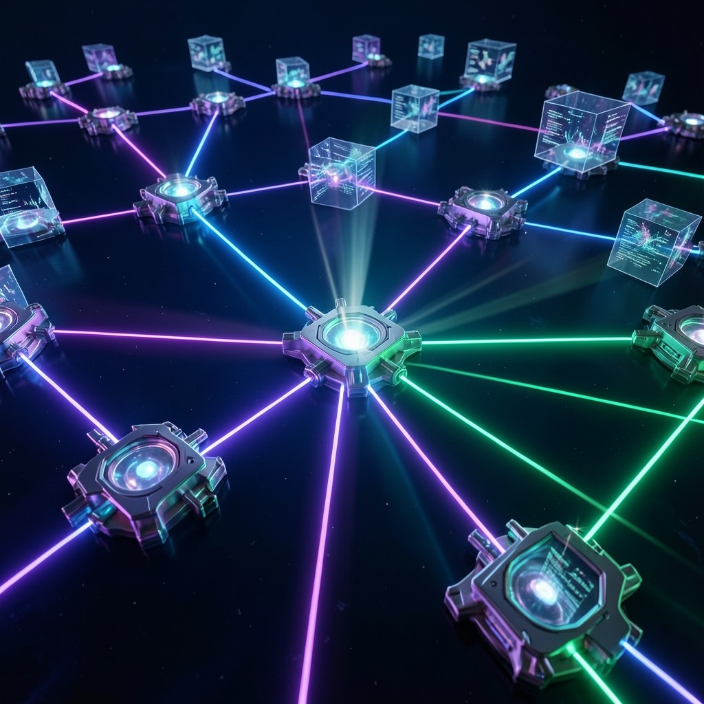 Abstract visualization of decentralized blockchain nodes and glowing network telemetry